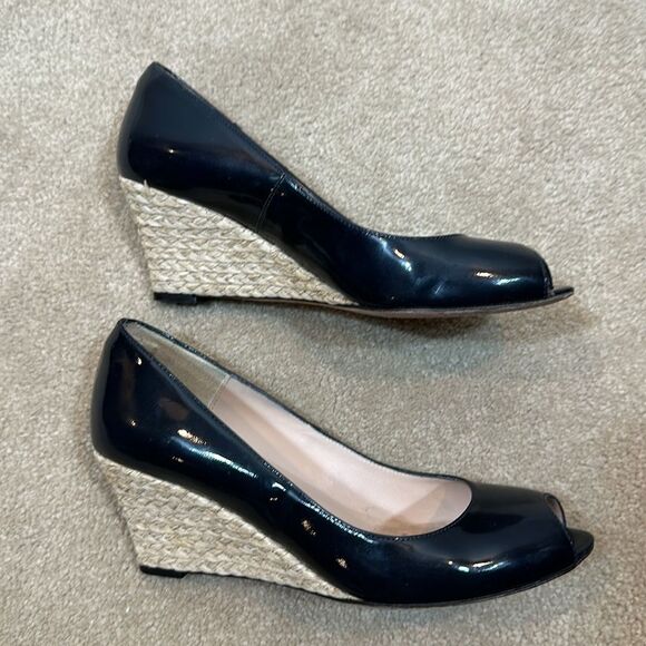 L.K. Bennett London Women Edee Open Peep Toe Wedge Patent Navy Blue Size 38 / 7 - Picture 4 of 10
